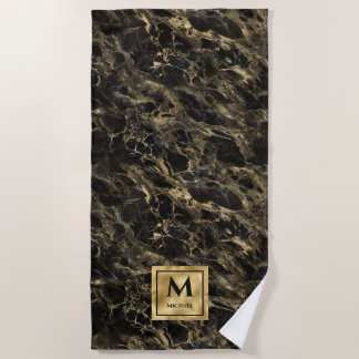 Black and Gold Marble Monogram Elegant Luxury Beach Towel