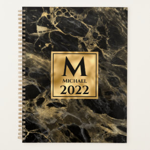 Black and Gold Marble Monogram Elegant Luxury  Planner
