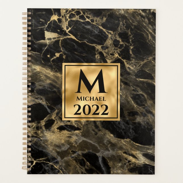 Black and Gold Marble Monogram Elegant Luxury  Planner (Front)