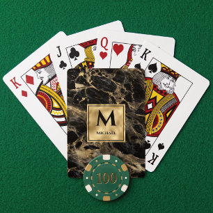 Black and Gold Marble Monogram Elegant Luxury Playing Cards