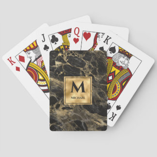 Black and Gold Marble Monogram Elegant Luxury Playing Cards