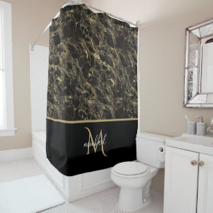 Black and Gold Marble Monogram Elegant Luxury Shower Curtain
