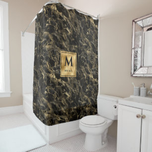 Black and Gold Marble Monogram Elegant Luxury Shower Curtain