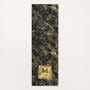 Black and Gold Marble Monogram Elegant Luxury Yoga Mat