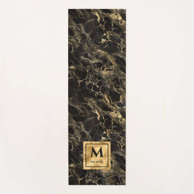 Black and Gold Marble Monogram Elegant Luxury Yoga Mat (Front)