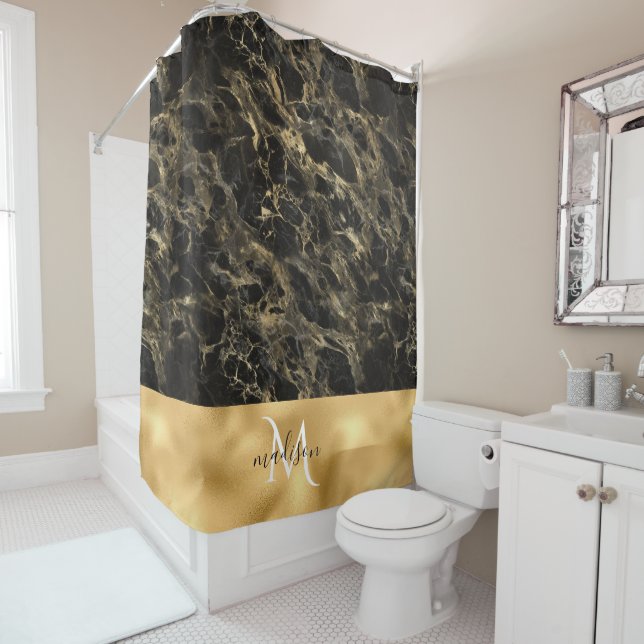 Black and Gold Marble Monogram Shower Curtain (In Situ)