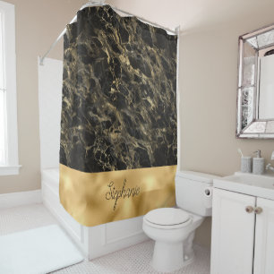 Black and Gold Marble Monogram Shower Curtain