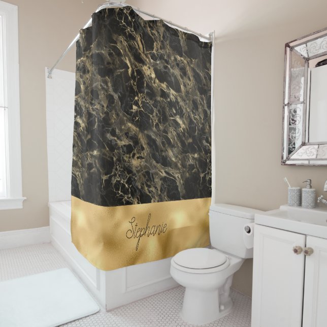 Black and Gold Marble Monogram Shower Curtain (In Situ)