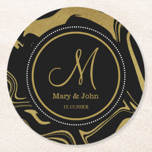 Black And Gold Marble Pattern Wedding Monogram Round Paper Coaster