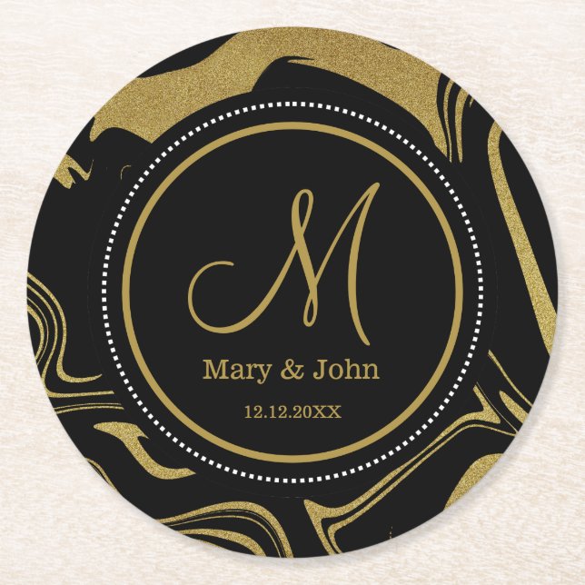 Black And Gold Marble Pattern  Wedding Monogram Round Paper Coaster (Front)