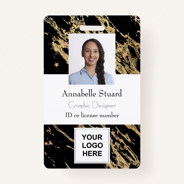 Black and gold marble simple minimal professional  ID badge (Front)