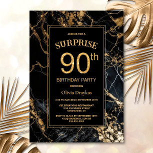 Black and Gold Marble Surprise 90th Birthday Party Invitation