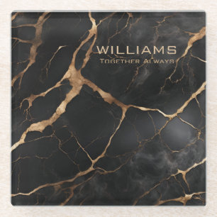Black and Gold Marble Texture Personalised Glass Coaster