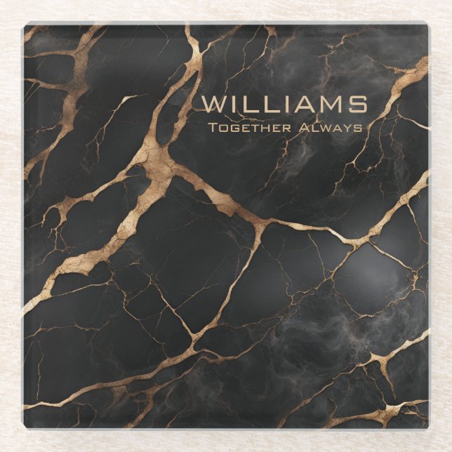 Black and Gold Marble Texture Personalised Glass Coaster (Front)