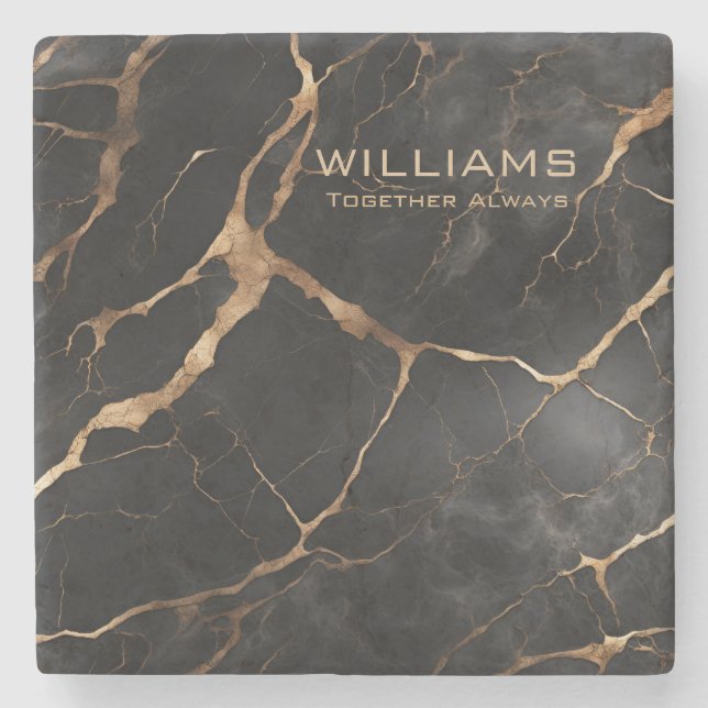 Black and Gold Marble Texture Personalised Stone Coaster (Front)
