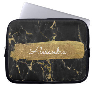 Black and Gold Marble with Gold Foil and Glitter Laptop Sleeve