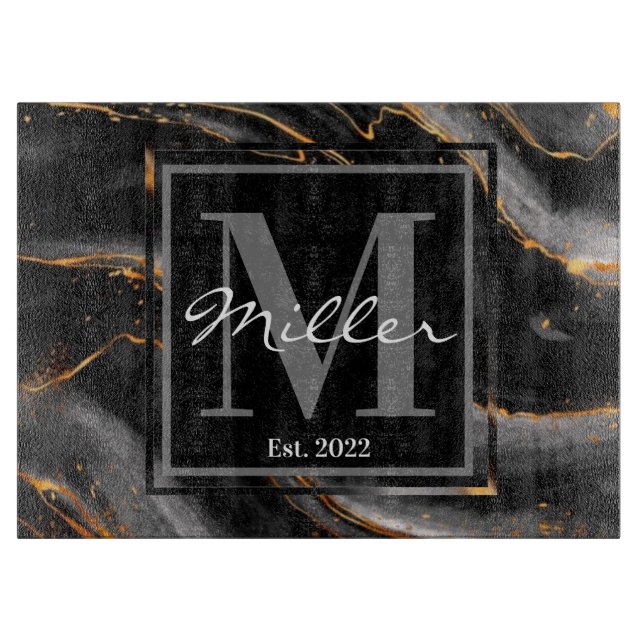 Black and Gold Marbled Newlywed Housewarming  Cutting Board (Front)