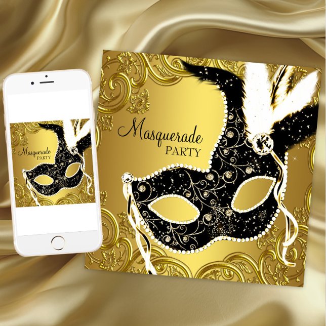 Black and Gold Mask Masquerade Party Invitation (Any occasion masquerade party invitation. Instant download and printed invitations available.)
