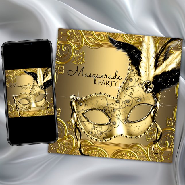 Black and Gold Masquerade Party Invitation (Black and gold masquerade party invitation with beautiful gold mask on a gold swirl background.)
