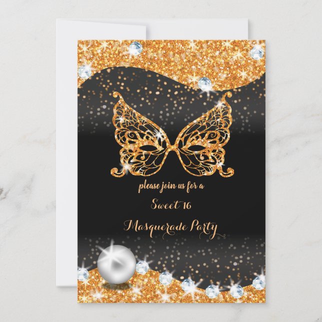 black and gold masquerade sweet 16 with pearl invi invitation (Front)