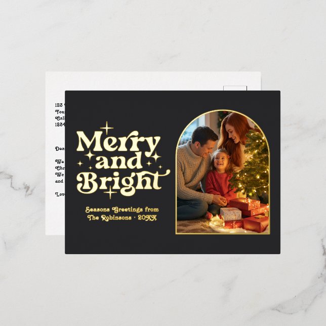 Black and Gold Merry and Bright Retro Christmas Foil Holiday Postcard (Front/Back)