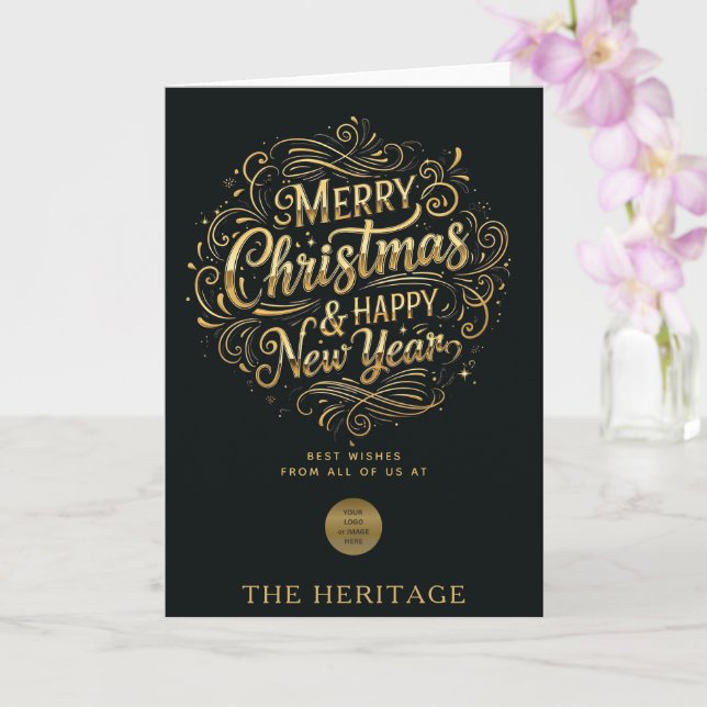 Black and Gold Merry Christmas & Happy New Year  Card (Orchid)