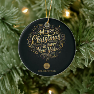 Black and Gold Merry Christmas & Happy New Year  Ceramic Ornament