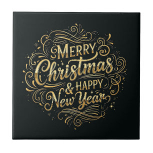 Black and Gold Merry Christmas & Happy New Year Ceramic Tile