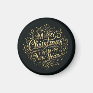 Black and Gold Merry Christmas & Happy New Year Magnet