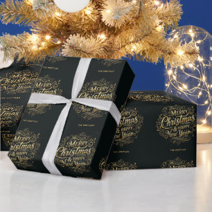 Black and Gold Merry Christmas & Happy New Year Wrapping Paper