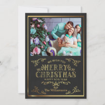 Black And Gold Merry Christmas New Year Photo Card