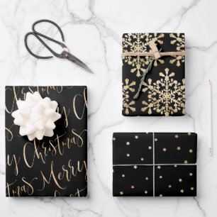 Black And Gold Merry Christmas Snowflakes Set Wrapping Paper Sheet