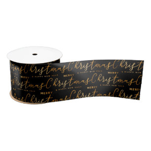 Black and Gold Merry Christmas Word Art Satin Ribbon