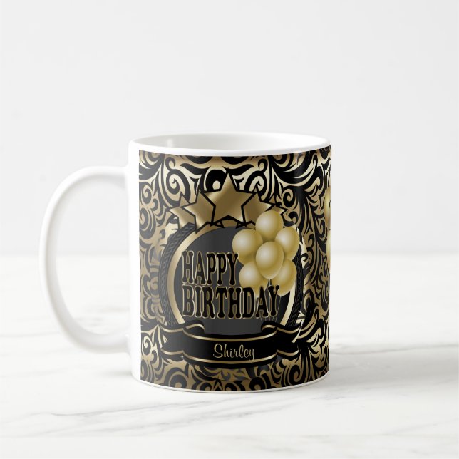 Black and Gold Metallic Happy 00th Birthday Star Coffee Mug (Left)