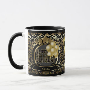 Black and Gold Metallic Happy 00th Birthday Star Mug