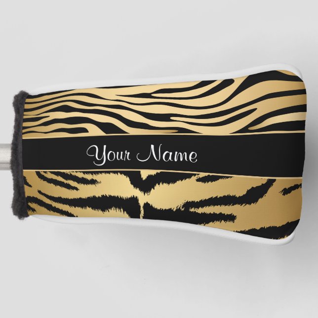 Black and Gold Metallic Tiger Stripes Pattern Golf Head Cover (Front)