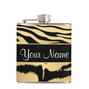Black and Gold Metallic Tiger Stripes Pattern Hip Flask