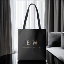 Black and Gold Minimalist Modern Monogram Tote Bag