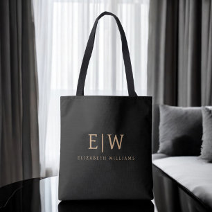Black and Gold Minimalist Modern Monogram Tote Bag