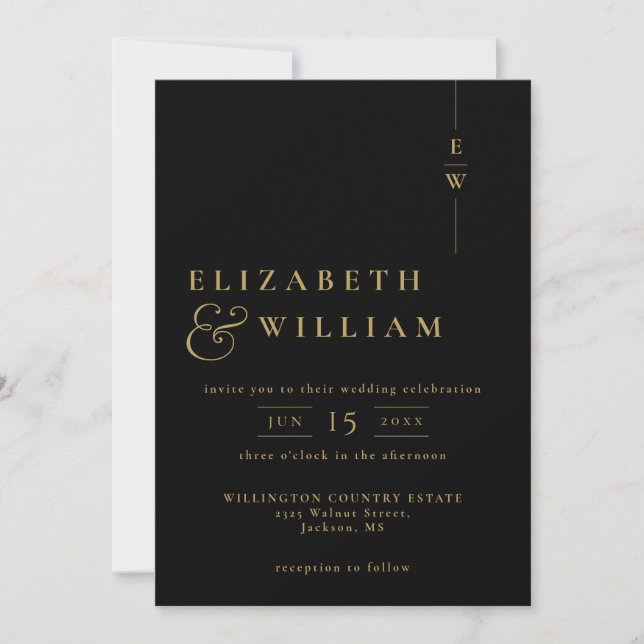 Black And Gold Minimalist Monogram Wedding QR Code Invitation (Front)