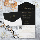 Black And Gold Minimalist Script QR Code Wedding All In One Invitation<br><div class="desc">All in one black and gold wedding invitation featuring elegant hearts script typography and monogram initials. The invitation includes a perforated RSVP card with your wedding website QR code and details. Designed by Thisisnotme©</div>