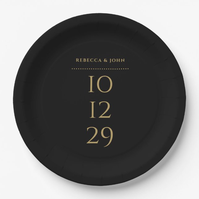 Black And Gold Minimalist Special Date Wedding Paper Plate (Front)