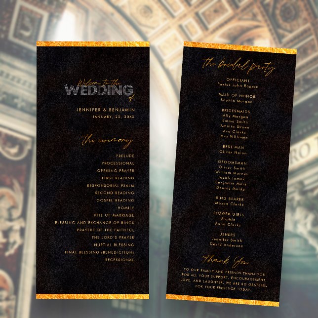 Black and Gold Minimalist Wedding Ceremony Program (Front / Back)