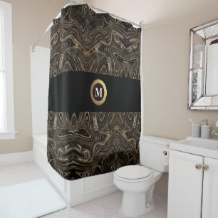 Black and gold modern abstract swirl monogram shower curtain