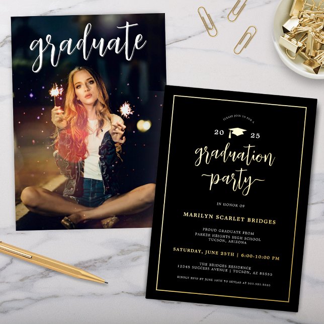 Black and Gold Modern Chic Graduation Invitation (Elegant black and gold foil modern graduation party invitation with photo and graduate class of chic)