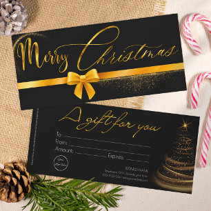 Black and gold modern christmas gift certificate invitation