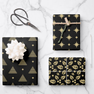 Black and Gold Modern Christmas Pattern Wrapping Paper Sheet