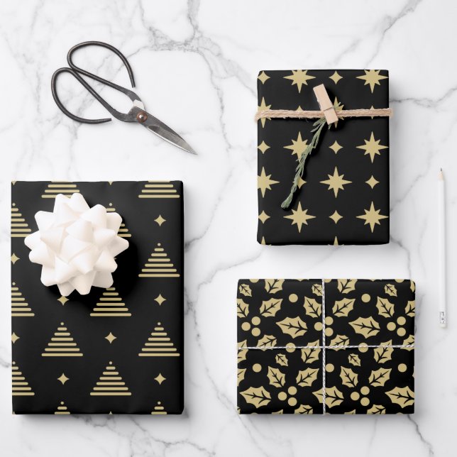 Black and Gold Modern Christmas Pattern Wrapping Paper Sheet (Front)