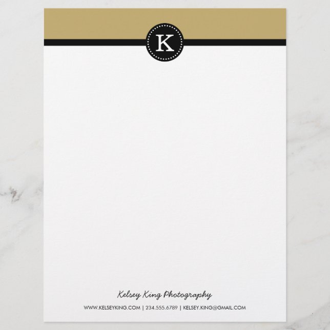 Black and Gold Modern Custom Monogram Customized Letterhead (Front)