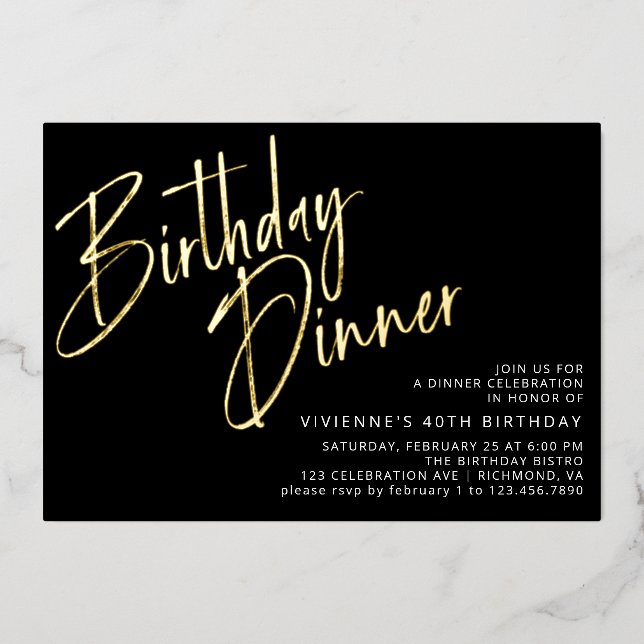 Black and Gold | Modern Elegant Birthday Dinner (Front)